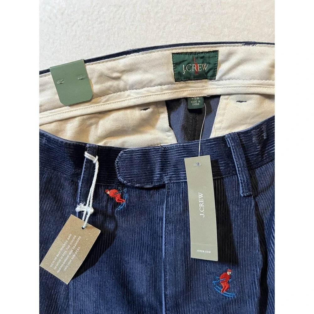 J.Crew Mens Corduroy Pants Embroidered Skier 29 Navy Blue Pleated Trousers